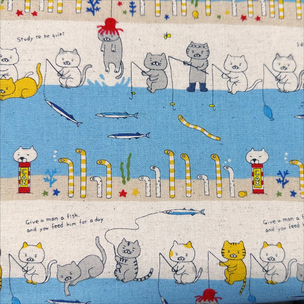 Fishing Cats Canvas Fabric in Light Blue - Cotton Linen Blend by Cotton Kobayashi