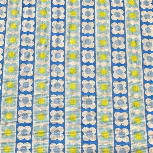 Floral Flower Floral Chain Retro Cotton fabric, Koko Seki 70s Design Flower Days Imported from Japan, Blue Yellow