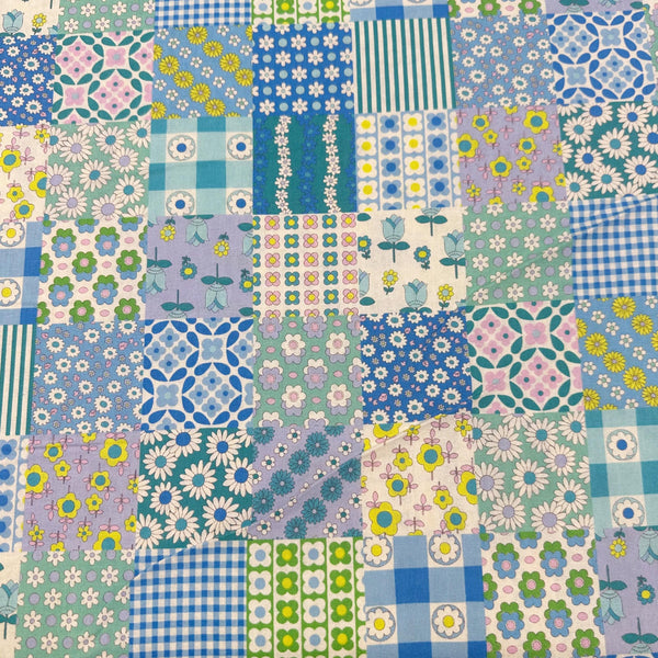 Floral Patchwork Retro Cotton fabric, Koko Seki 70s Design Flower Days Imported from Japan, Blue Green