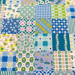 Floral Patchwork Retro Cotton fabric, Koko Seki 70s Design Flower Days Imported from Japan, Blue Green