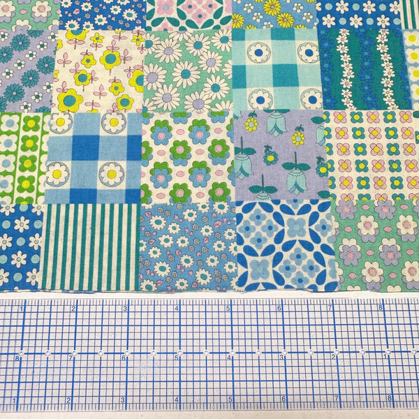 Floral Patchwork Retro Cotton fabric, Koko Seki 70s Design Flower Days Imported from Japan, Blue Green