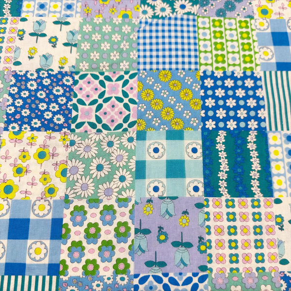 Floral Patchwork Retro Cotton fabric, Koko Seki 70s Design Flower Days Imported from Japan, Blue Green