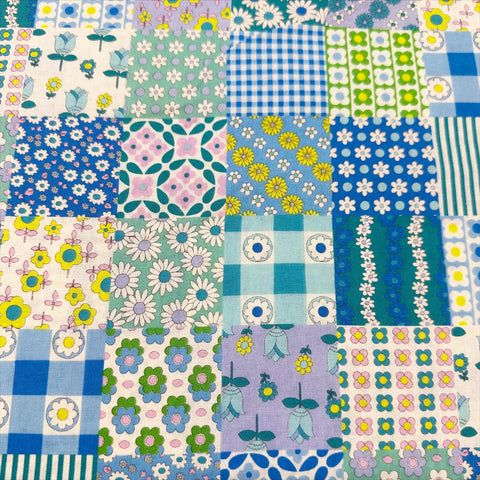 Floral Patchwork Retro Cotton fabric, Koko Seki 70s Design Flower Days Imported from Japan, Blue Green