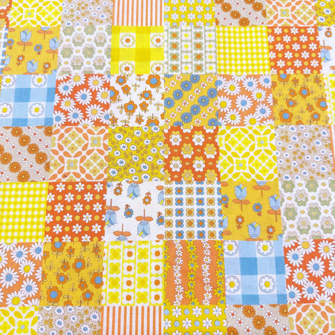 Floral Patchwork Retro Cotton fabric, Koko Seki 70s Design Flower Days Imported from Japan, Orange Yellow Blue