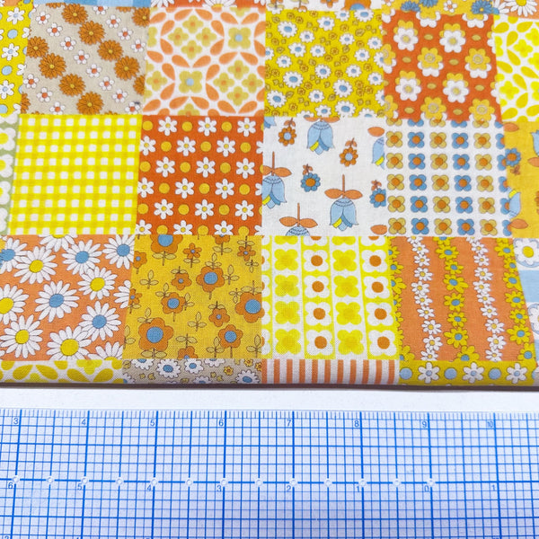 Floral Patchwork Retro Cotton fabric, Koko Seki 70s Design Flower Days Imported from Japan, Orange Yellow Blue