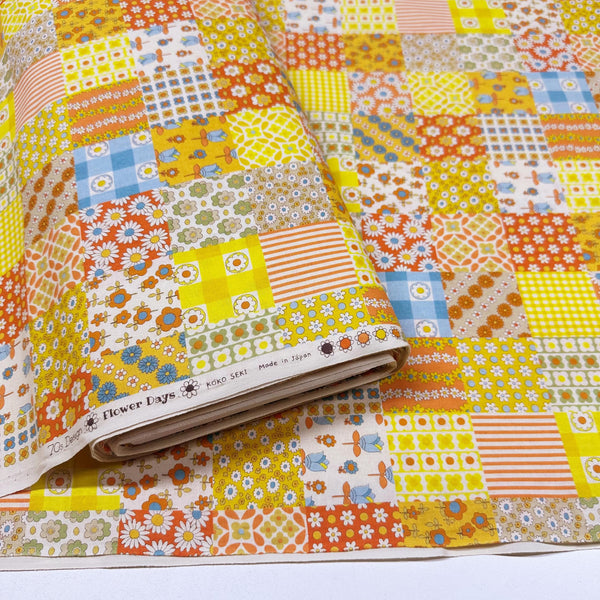 Floral Patchwork Retro Cotton fabric, Koko Seki 70s Design Flower Days Imported from Japan, Orange Yellow Blue