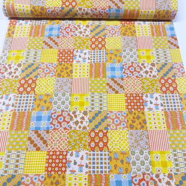 Floral Patchwork Retro Cotton fabric, Koko Seki 70s Design Flower Days Imported from Japan, Orange Yellow Blue