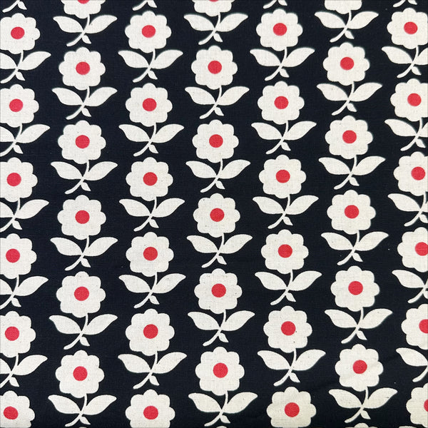 Flower Chain Canvas Fabric on Black - Cotton Linen Blend by Sevenberry