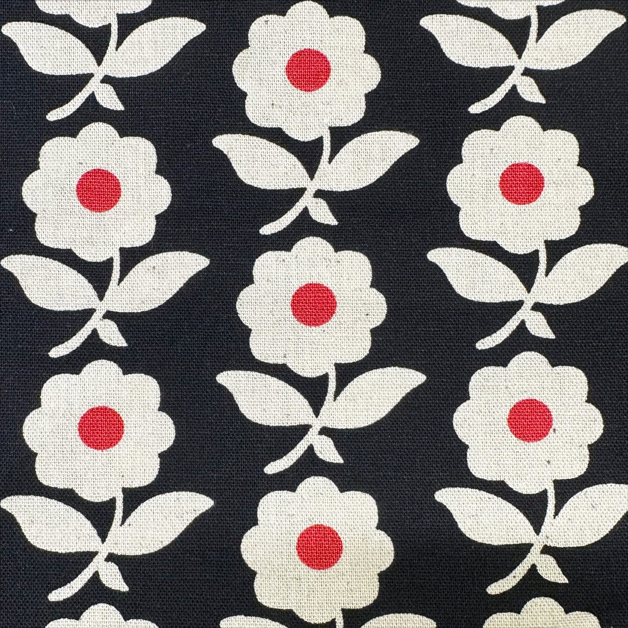 Flower Chain Canvas Fabric on Black - Cotton Linen Blend by Sevenberry