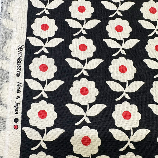 Flower Chain Canvas Fabric on Black - Cotton Linen Blend by Sevenberry