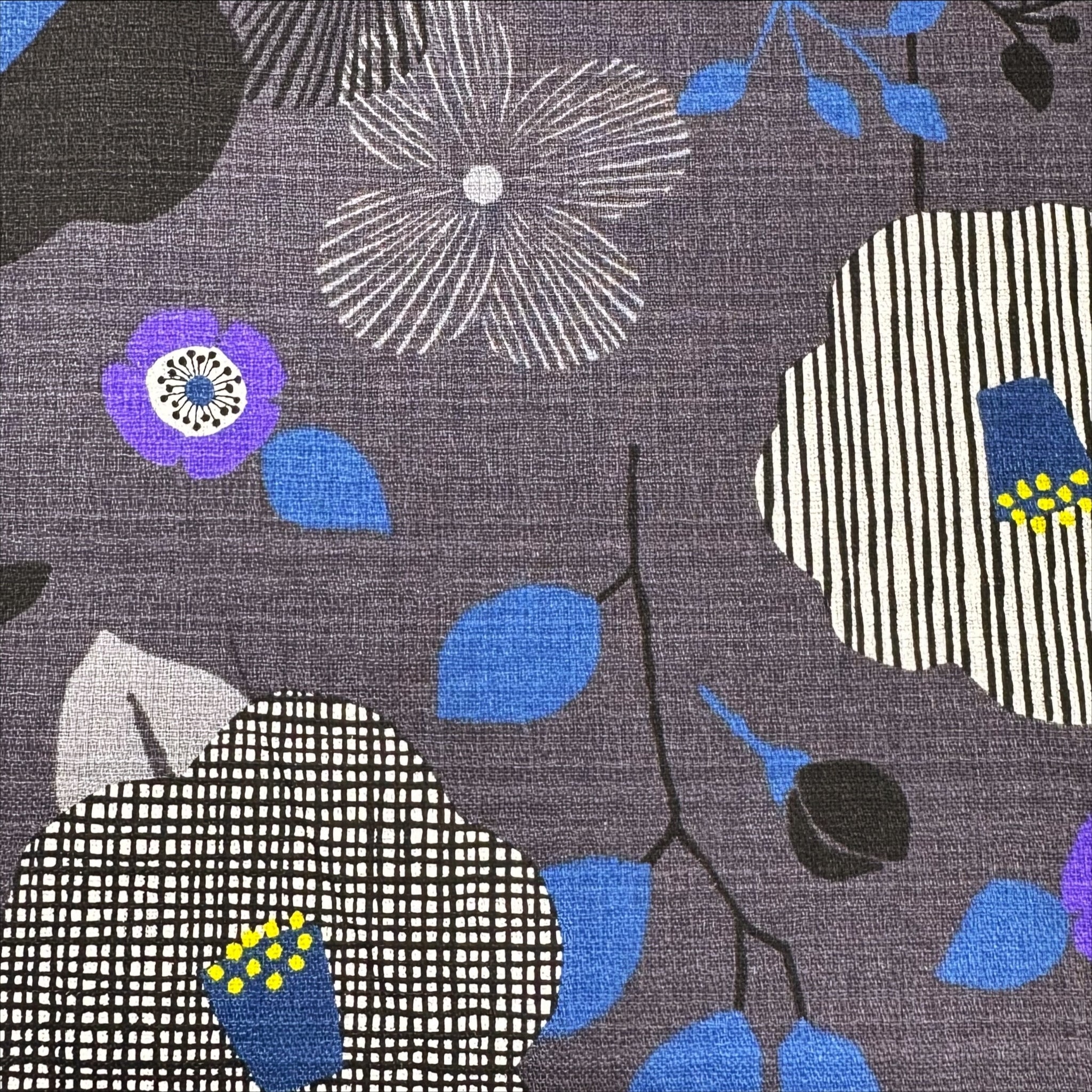 Flower Cotton DOBBY Fabric by Miori Collection, Imported from Japan, Gray Black