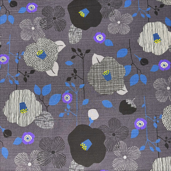 Flower Cotton DOBBY Fabric by Miori Collection, Imported from Japan, Gray Black