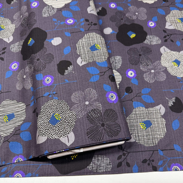 Flower Cotton DOBBY Fabric by Miori Collection, Imported from Japan, Gray Black