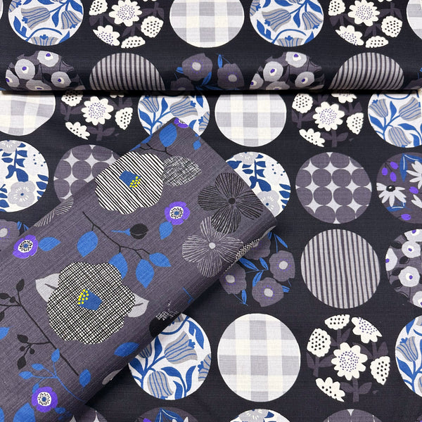 Flower Cotton DOBBY Fabric by Miori Collection, Imported from Japan, Gray Black