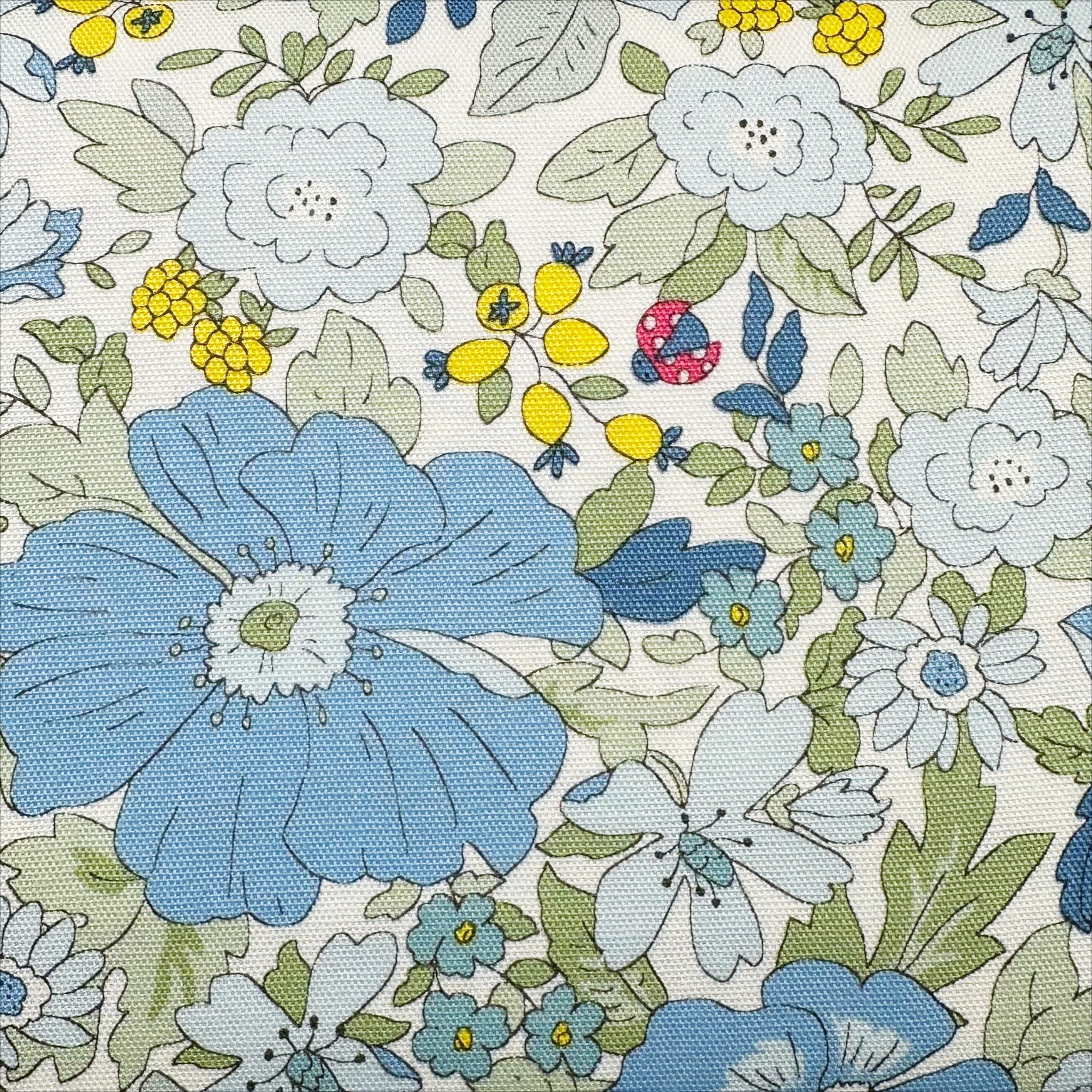 Flowers and Ladybugs Cotton Oxford Fabric by Cosmo Textiles- Blue