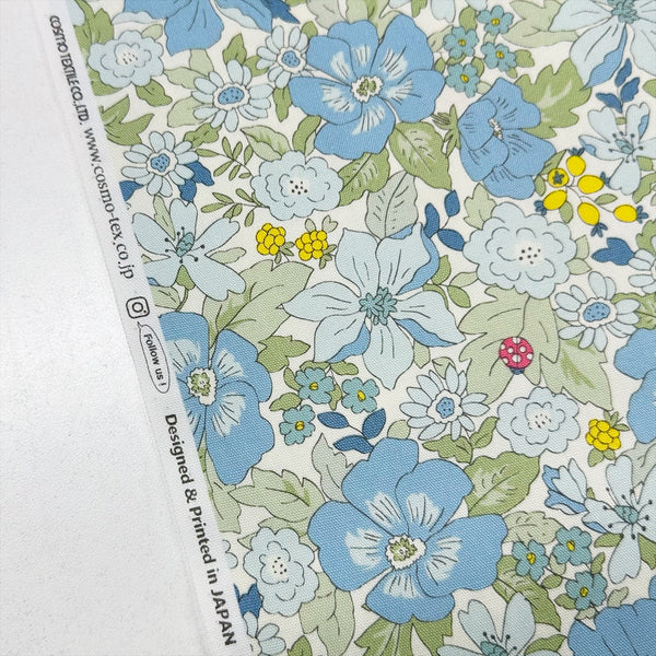 Flowers and Ladybugs Cotton Oxford Fabric by Cosmo Textiles- Blue