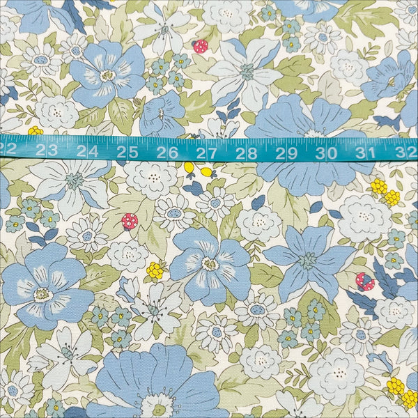 Flowers and Ladybugs Cotton Oxford Fabric by Cosmo Textiles- Blue