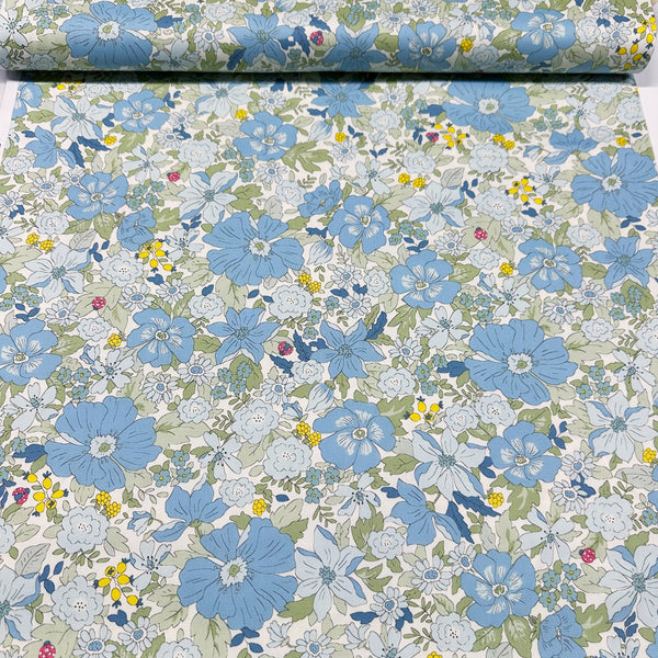 Flowers and Ladybugs Cotton Oxford Fabric by Cosmo Textiles- Blue