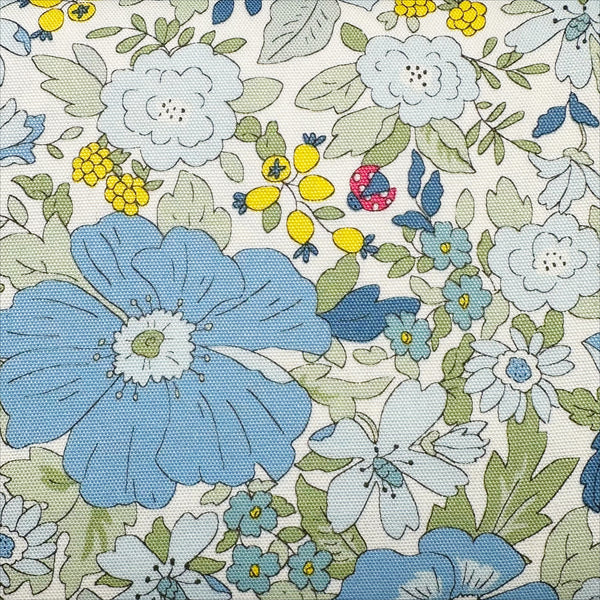 Flowers and Ladybugs Cotton Oxford Fabric by Cosmo Textiles- Blue