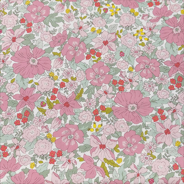 Flowers and Ladybugs Cotton Oxford Fabric by Cosmo Textiles- Pink