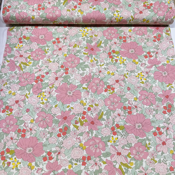 Flowers and Ladybugs Cotton Oxford Fabric by Cosmo Textiles- Pink