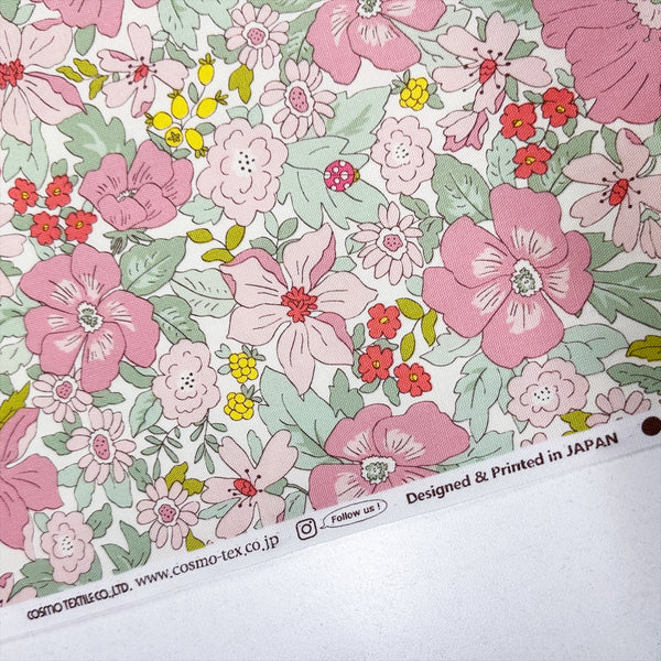Flowers and Ladybugs Cotton Oxford Fabric by Cosmo Textiles- Pink