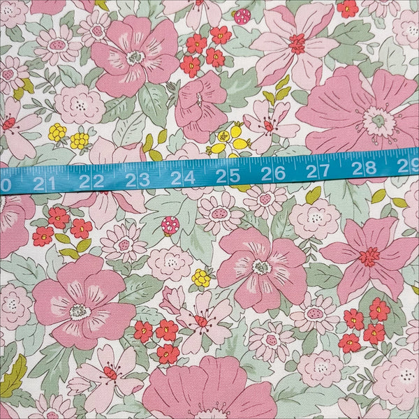 Flowers and Ladybugs Cotton Oxford Fabric by Cosmo Textiles- Pink