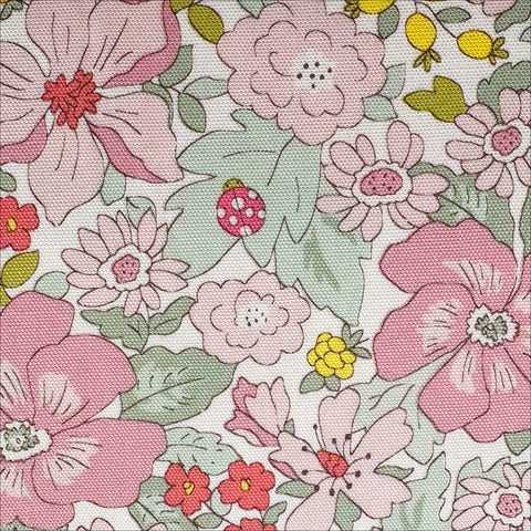 Flowers and Ladybugs Cotton Oxford Fabric by Cosmo Textiles- Pink