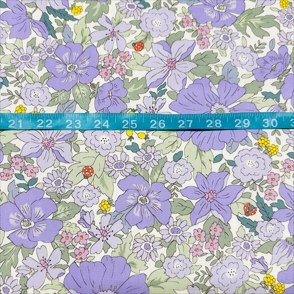 Flowers and Ladybugs Cotton Oxford Fabric by Cosmo Textiles- Purple