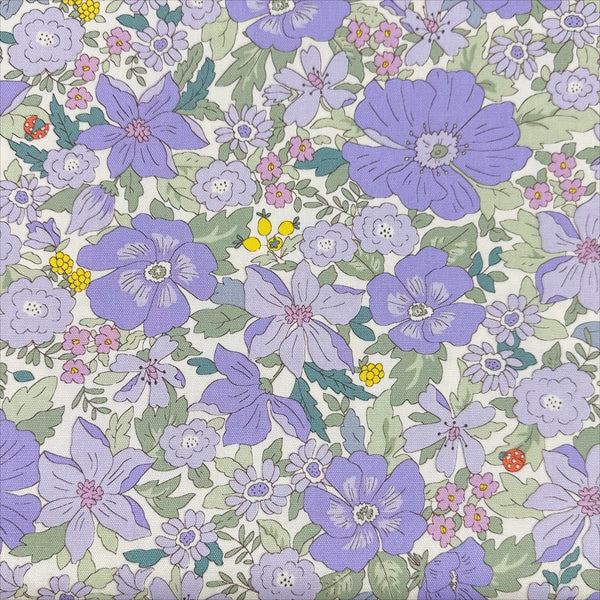Flowers and Ladybugs Cotton Oxford Fabric by Cosmo Textiles- Purple