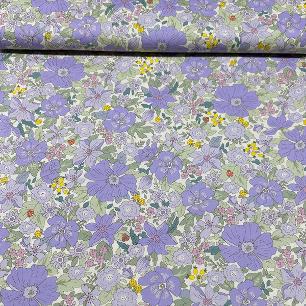 Flowers and Ladybugs Cotton Oxford Fabric by Cosmo Textiles- Purple