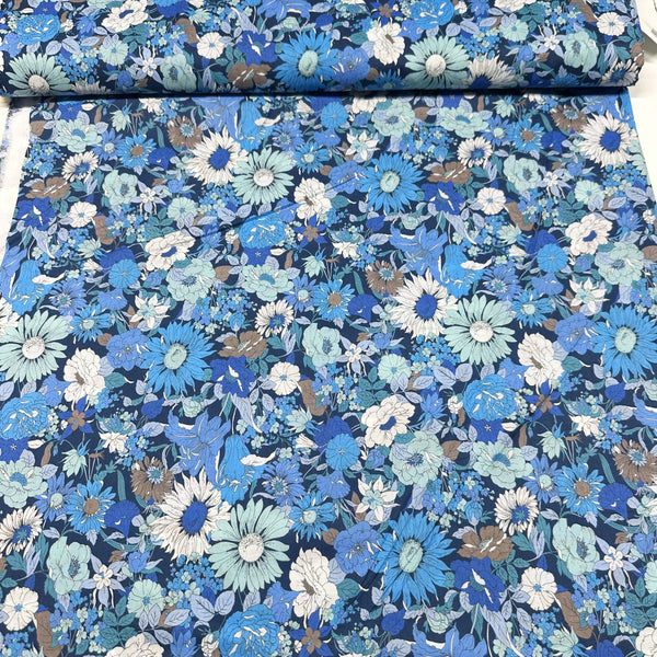 Flownny I Floral Cotton Lawn Fabric by Kokka, NFA-1000-5F Dark Blue