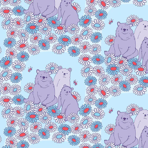 Stock photo of Forest Friends Daisy Bears Cotton Fabric by The Good Twin, blue and purple, 100% organic cotton.
