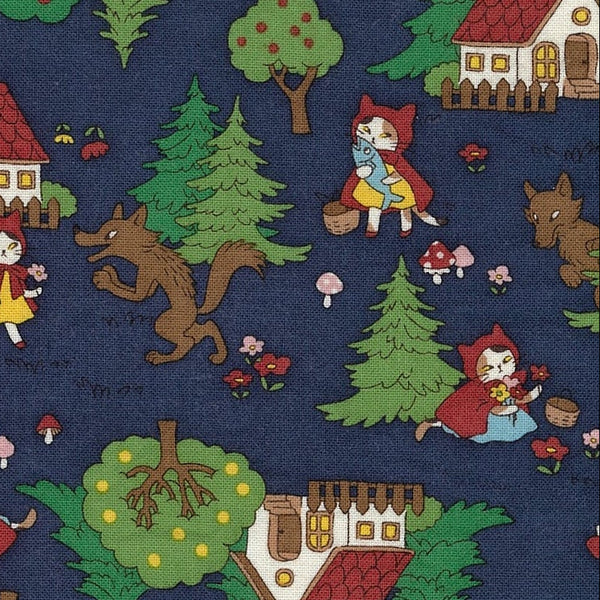 Funny Cats Little Red Riding Hood and the Wolf Cotton Sheeting, Kokka Fabrics YKA-36020-1 D
