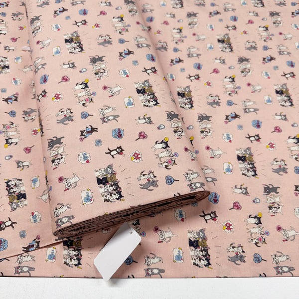 Funny Cats Oshi Life Sheeting Cotton Fabric by Kokka, YKA-31050-1 B Pink