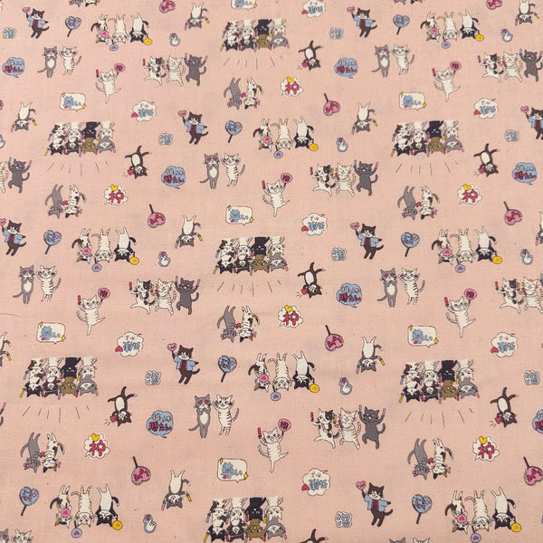 Funny Cats Oshi Life Sheeting Cotton Fabric by Kokka, YKA-31050-1 B Pink