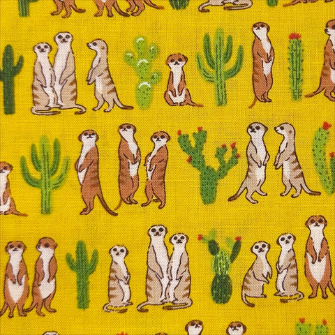 Fuwari Prairie Dogs Cotton Fabric on Marigold Cotton Fabric, Imported from Japan Meerkats