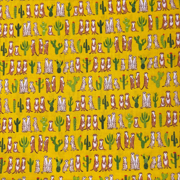 Fuwari Prairie Dogs Cotton Fabric on Marigold Cotton Fabric, Imported from Japan Meerkats