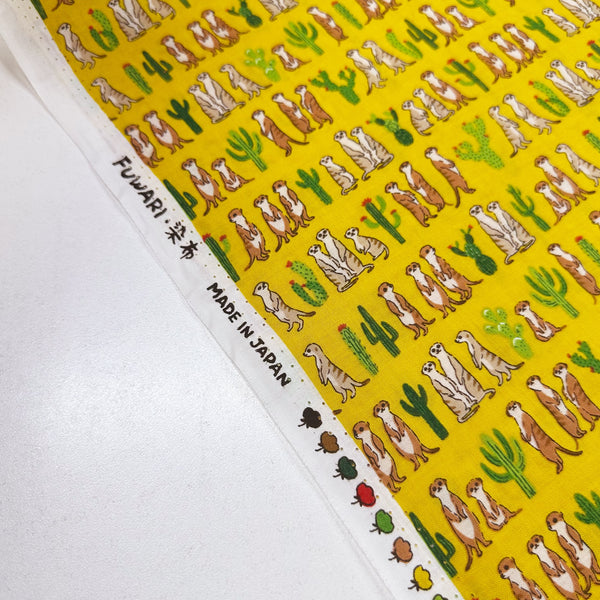 Fuwari Prairie Dogs Cotton Fabric on Marigold Cotton Fabric, Imported from Japan Meerkats