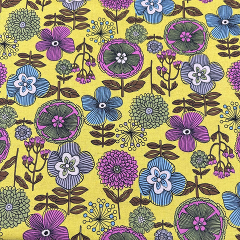 Fuwari Scandi Floral Canvas Fabric, 85 Cotton 15 Linen, Imported from Japan, Yellow Multi Floral, Nordic Flower Print