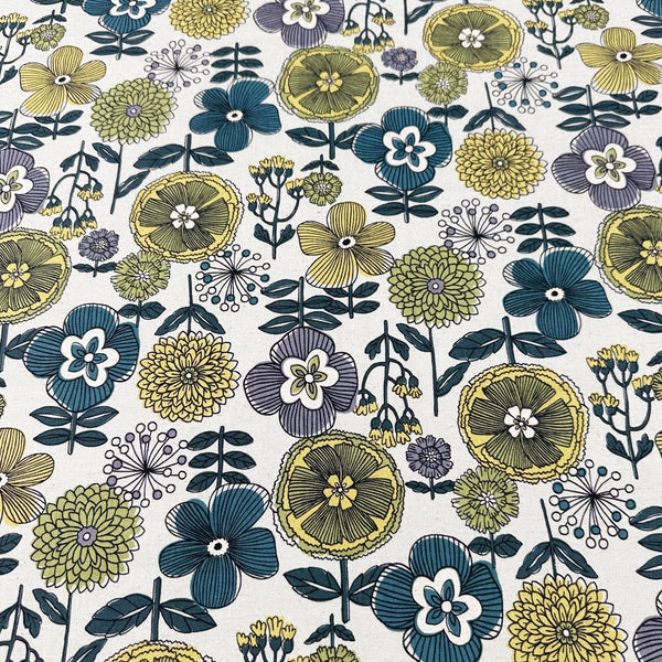 Fuwari Scandi Floral Canvas Fabric in Pale Yellow Green - Cotton Linen Blend, Imported from Japan