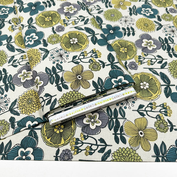 Fuwari Scandi Floral Canvas Fabric in Pale Yellow Green - Cotton Linen Blend, Imported from Japan