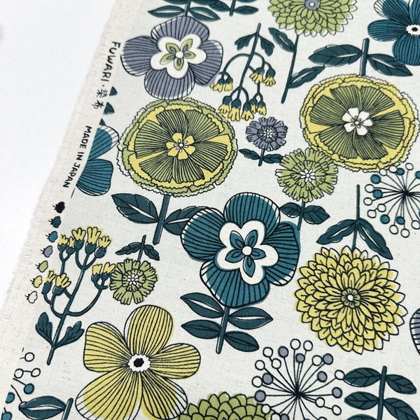 Fuwari Scandi Floral Canvas Fabric in Pale Yellow Green - Cotton Linen Blend, Imported from Japan