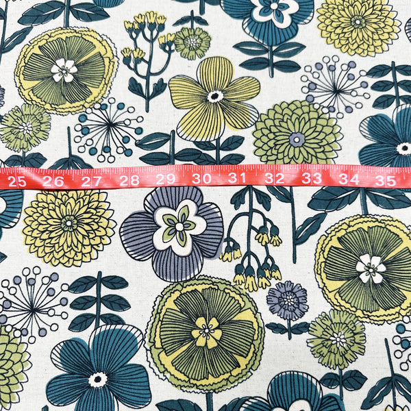 Fuwari Scandi Floral Canvas Fabric in Pale Yellow Green - Cotton Linen Blend, Imported from Japan