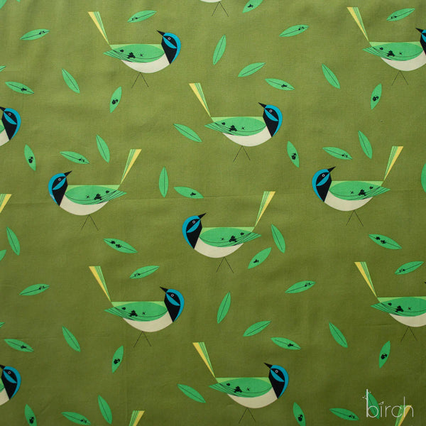 Green Jay organic cotton poplin fabric by Charley Harper for Birch Fabrics featuring a mid-century bird design in calming green tones.