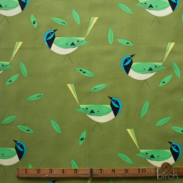 Scale of Green Jay organic cotton poplin fabric by Charley Harper for Birch Fabrics featuring a mid-century bird design in calming green tones.