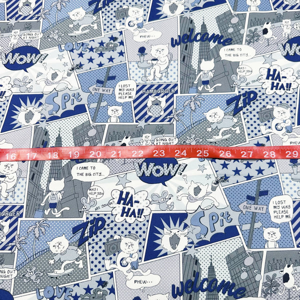 Grumpy Cat Comic Print Cotton Oxford Fabric in Blue Gray, Made in Japan