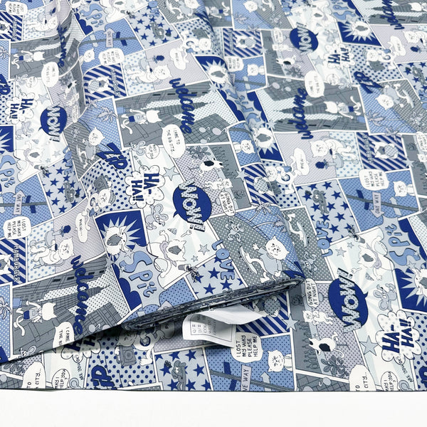 Grumpy Cat Comic Print Cotton Oxford Fabric in Blue Gray, Made in Japan