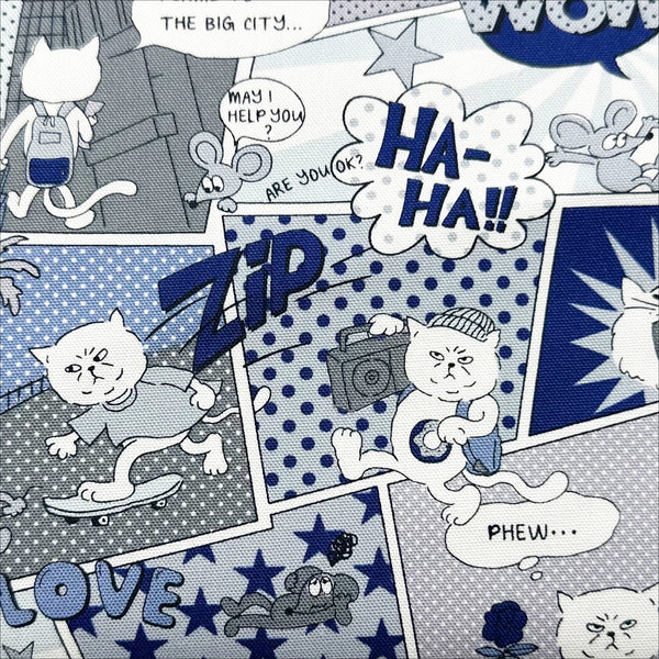 Grumpy Cat Comic Print Cotton Oxford Fabric in Blue Gray, Made in Japan
