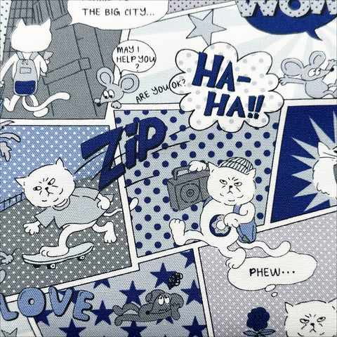 Grumpy Cat Comic Print Cotton Oxford Fabric in Blue Gray, Made in Japan